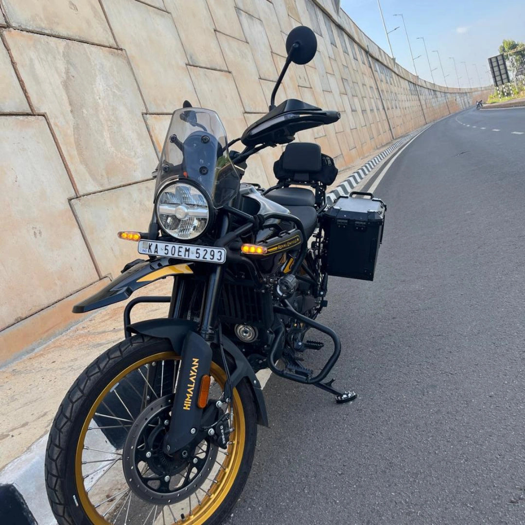 Close-up of AeeDEA front crash guard with integrated highway footpeg installed on Royal Enfield Himalayan 450