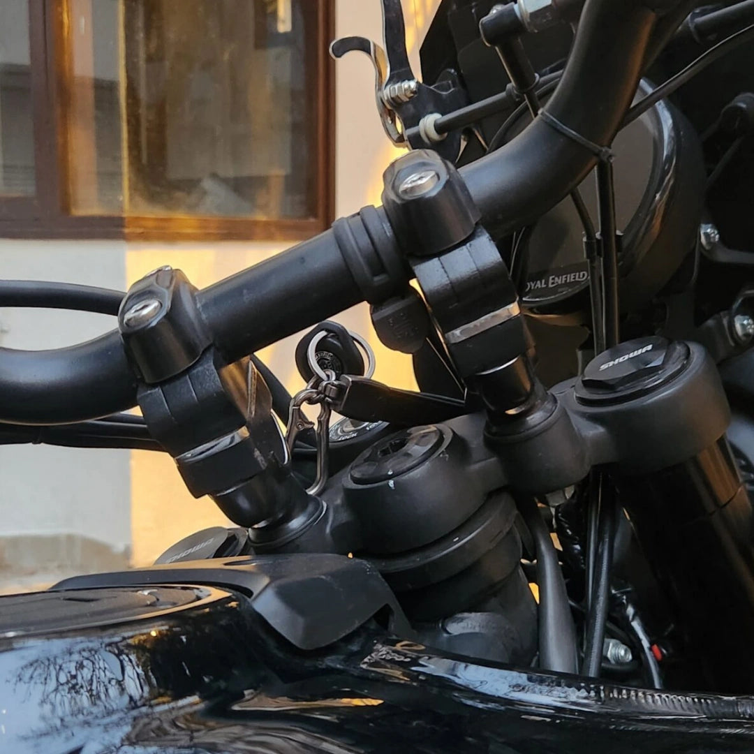 Side view of AeeDEA handlebar reacher fitted on Royal Enfield Himalayan 450