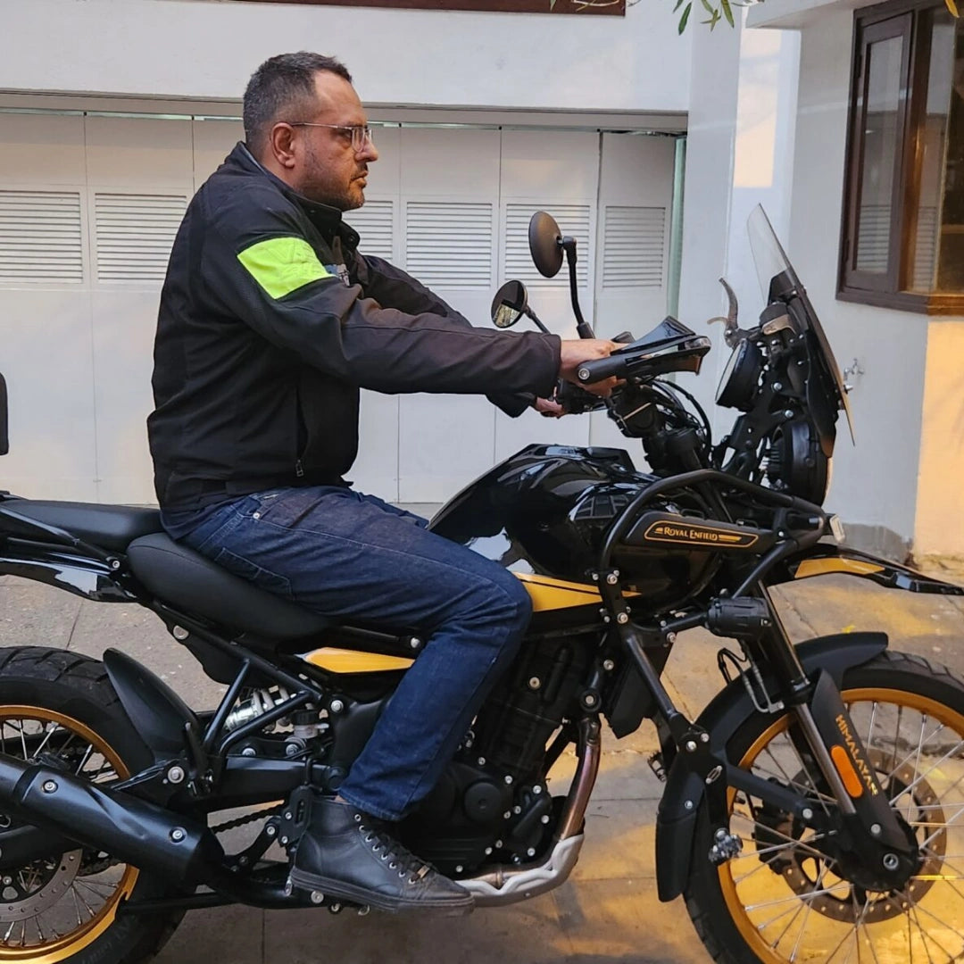 Side view of AeeDEA handlebar reacher fitted on Royal Enfield Himalayan 450