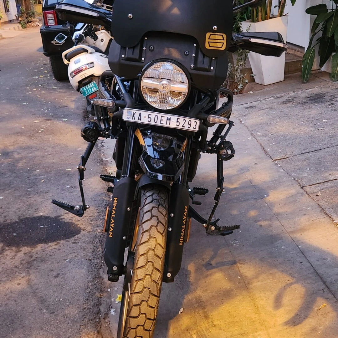 Front view of AeeDEA highway footpegs installed on Royal Enfield Himalayan 450