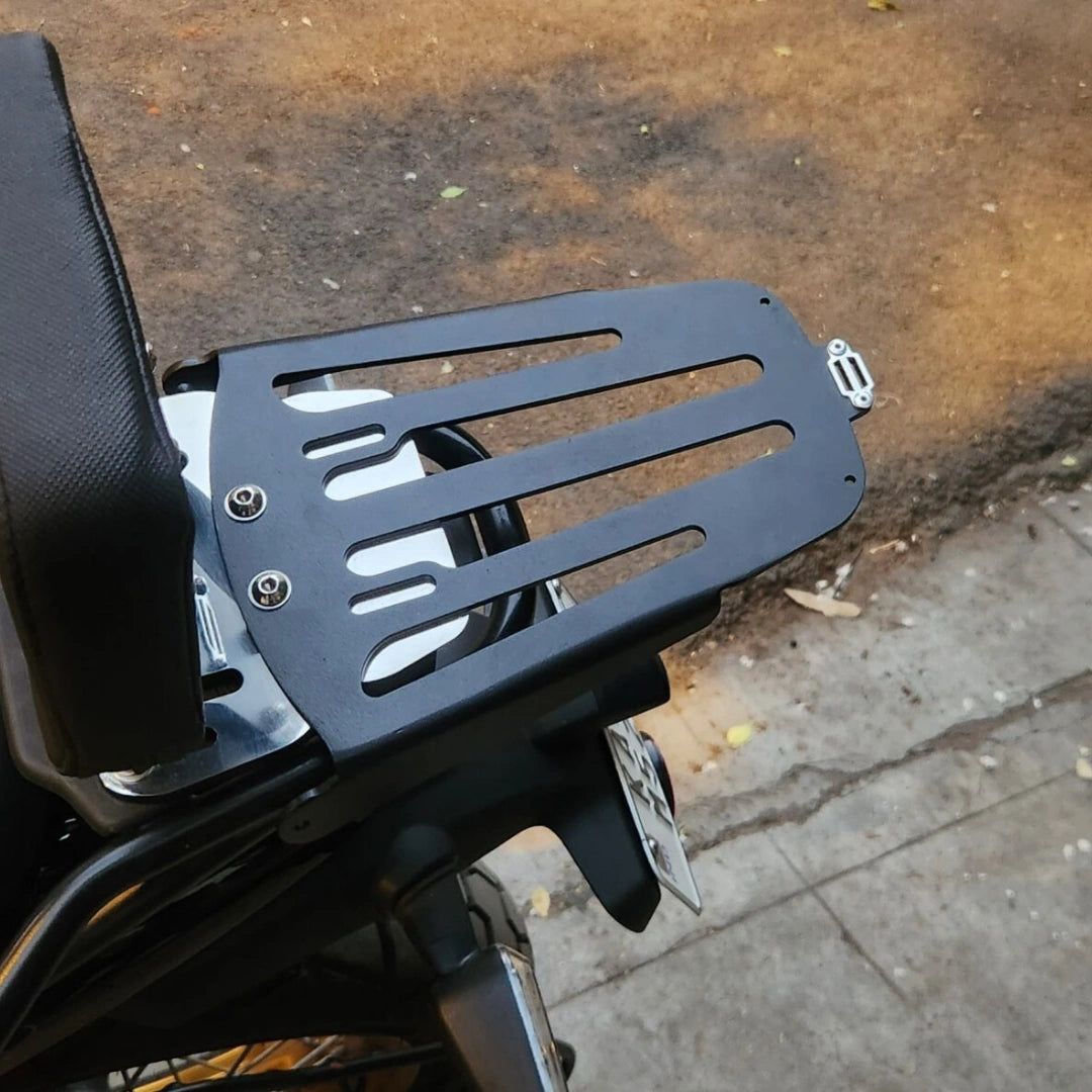 Top view of AeeDEA luggage rack with slotted mounting surface installed behind the pillion seat on Himalayan 450