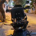 Rear close-up of AeeDEA pillion backrest cushion and mounting bracket on Himalayan 450