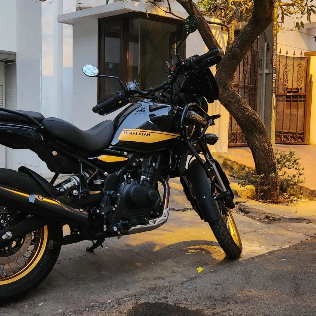 AeeDEA pillion backrest with luggage rack installed on Royal Enfield Himalayan 450, rear view