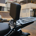 Close-up of AeeDEA pillion backrest cushion and slotted luggage rack installed on Himalayan 450