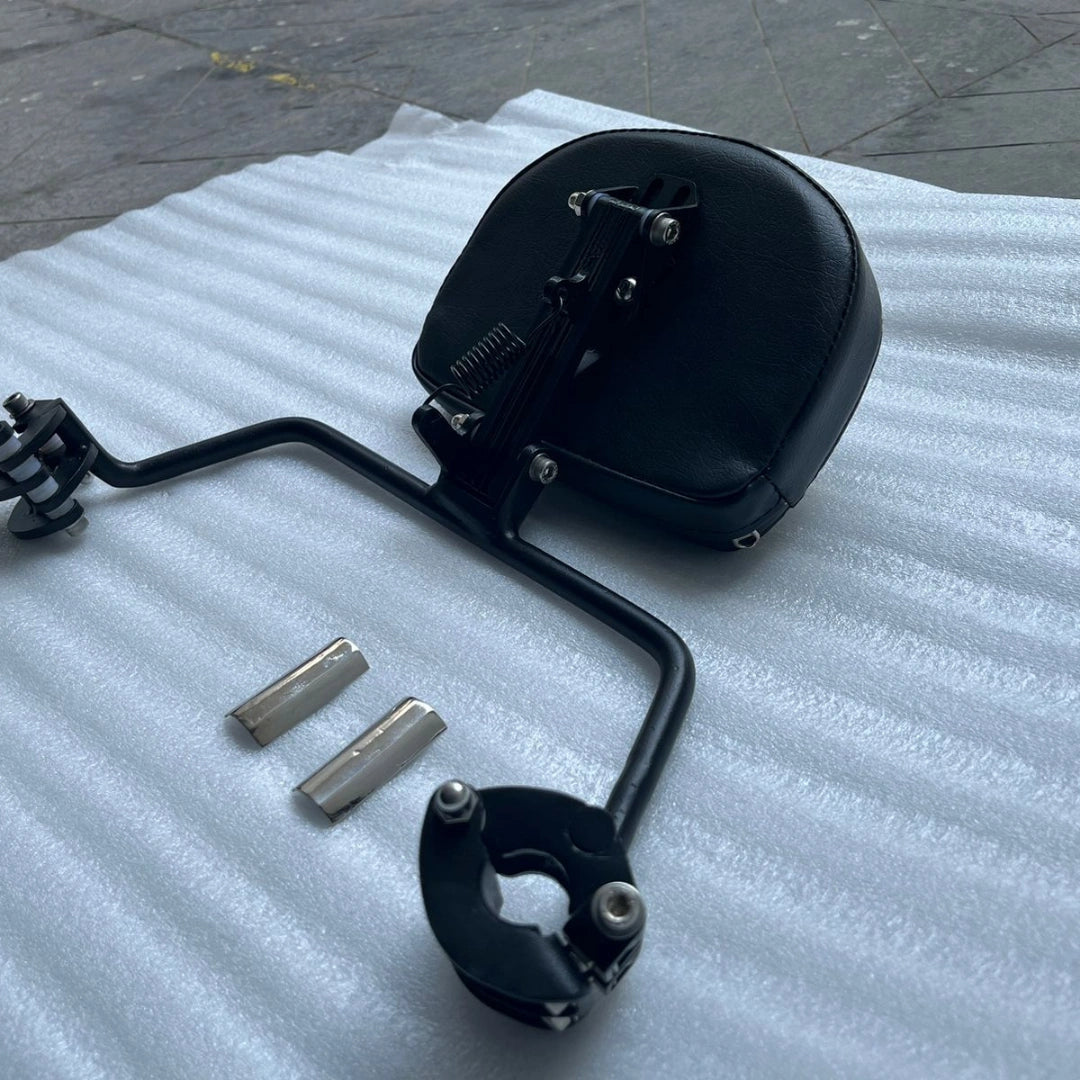 Close-up of AeeDEA rider backrest cushion, spring and mounting assembly on Himalayan 450