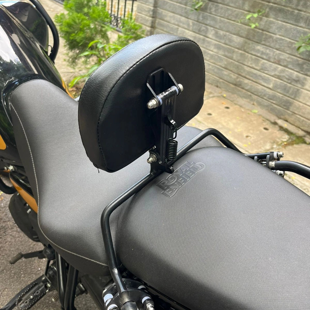 Side angle of AeeDEA adjustable rider backrest and mounting frame installed on Himalayan 450