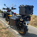 Rear view of AeeDEA luggage setup on Royal Enfield Himalayan 450 with side panniers, top box and jerry can holder