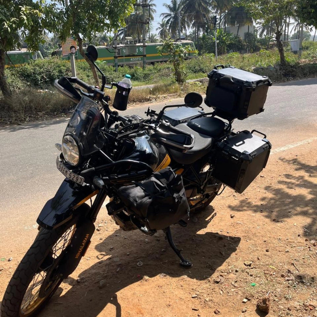 AeeDEA luggage accessories fitted on Royal Enfield Himalayan 450, viewed from the front side