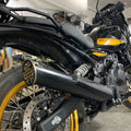 Side view of AeeDEA black variable sound exhaust installed on Royal Enfield Himalayan 450