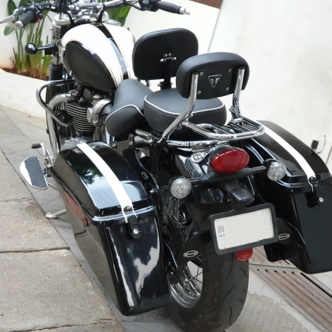 Rear view of motorcycle with forward control footboards fitted