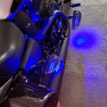 Blue LED illumination from AeeDEA motorcycle pillion footboards in low-light conditions