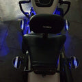 Rear view of a motorcycle showing the installed rider footboards on both sides
