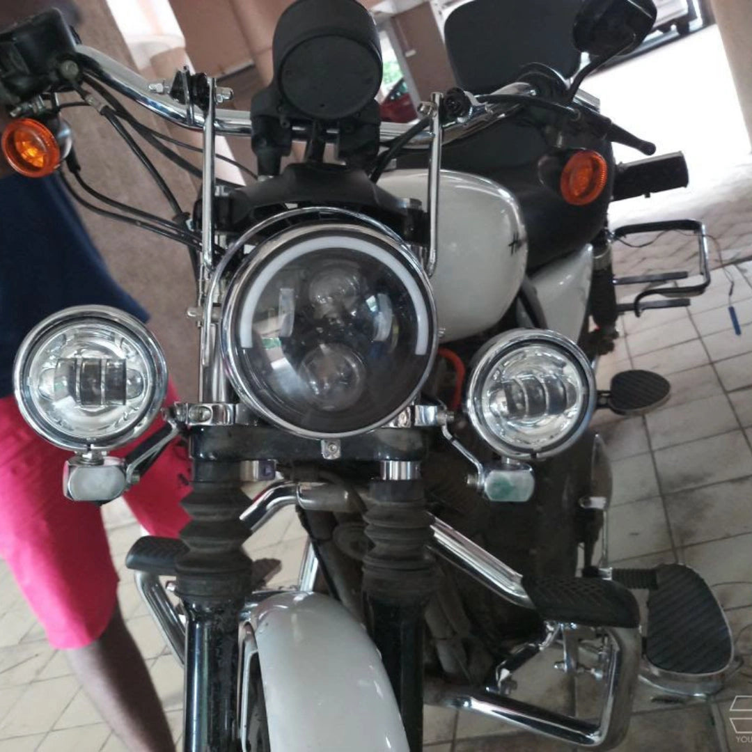 Motorcycle front lighting setup with auxiliary lights and mounting brackets