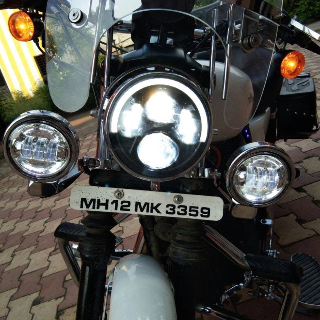 Front view of motorcycle with auxiliary lights installed