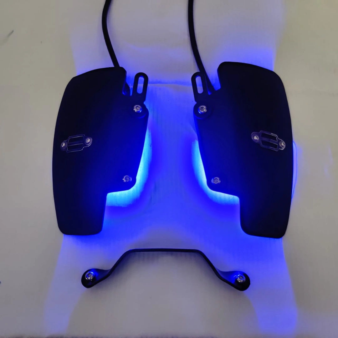 Pair of black heat deflector shields with blue LED illumination and connecting bracket