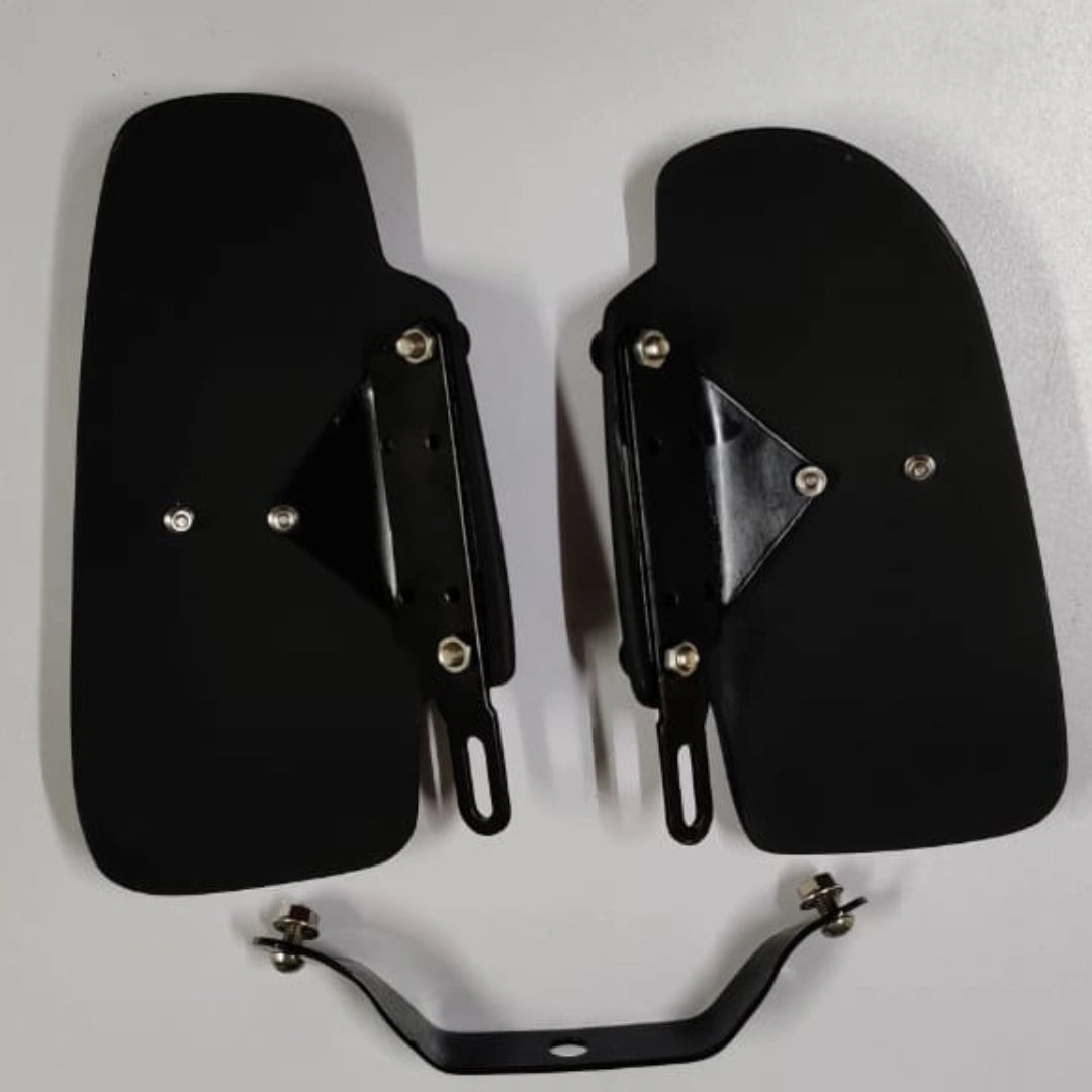 Rear view of two black heat deflector shields showing their mounting brackets and hardware