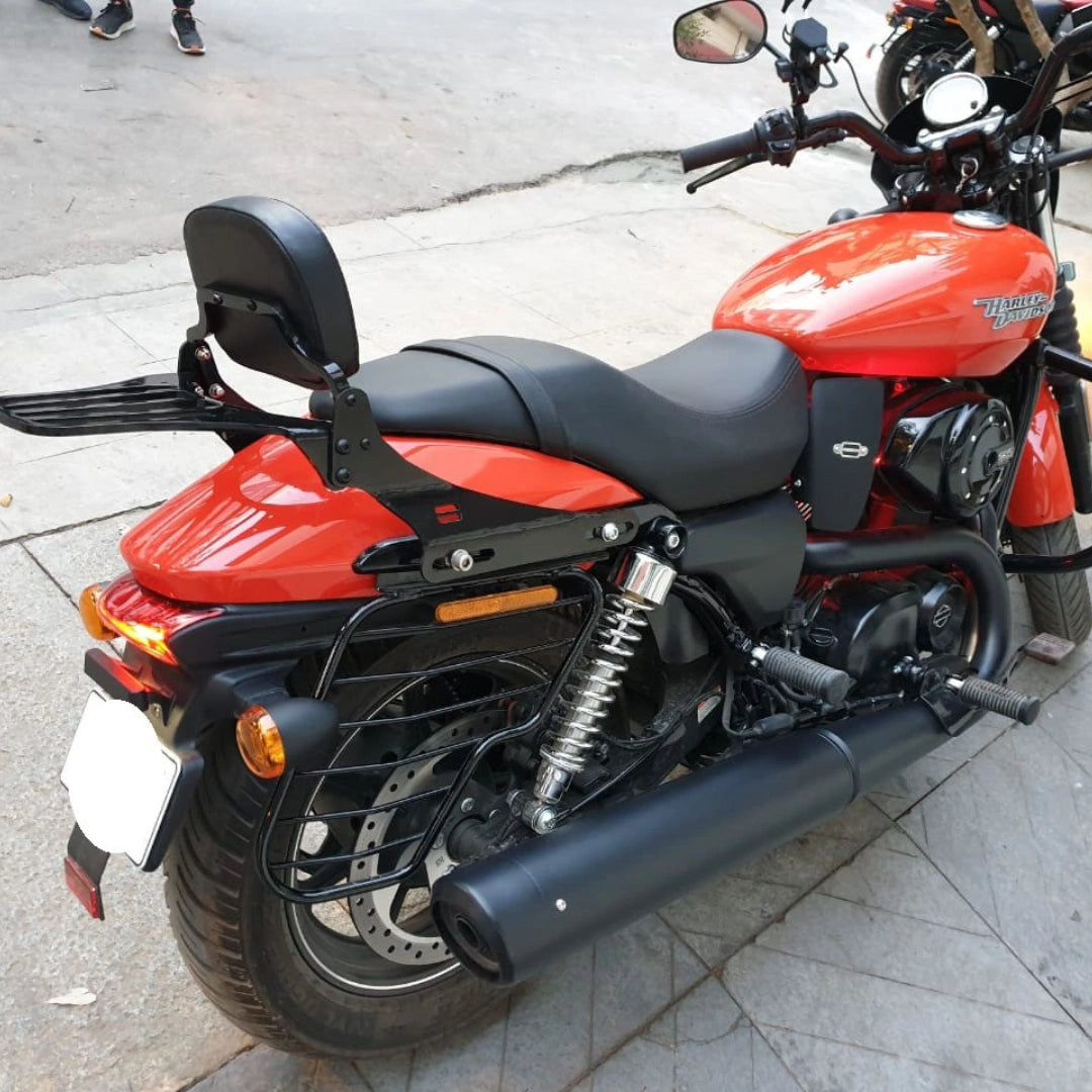 Moulded pillion backrest with luggage rack fitted behind the motorcycle seat