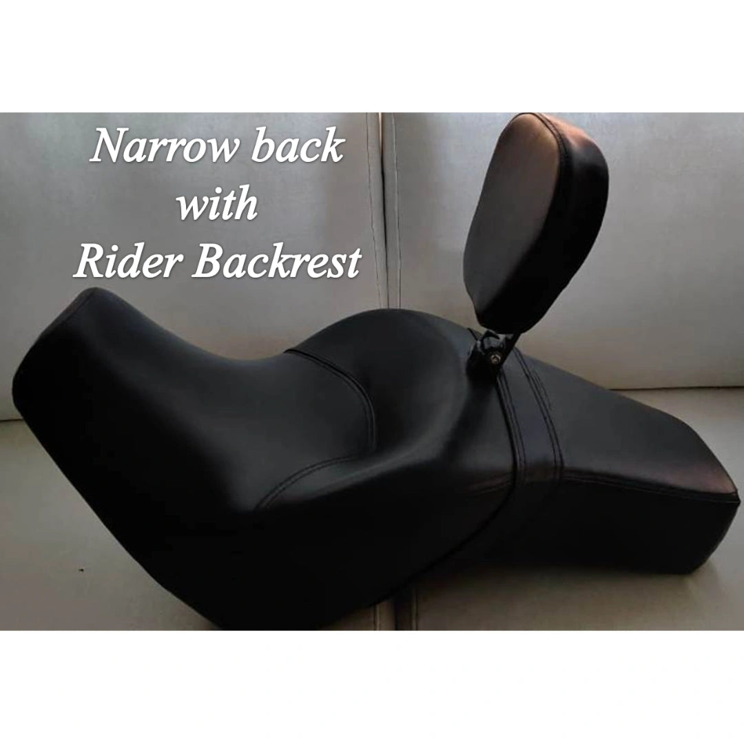 Narrow-back motorcycle seat configuration with rider backrest