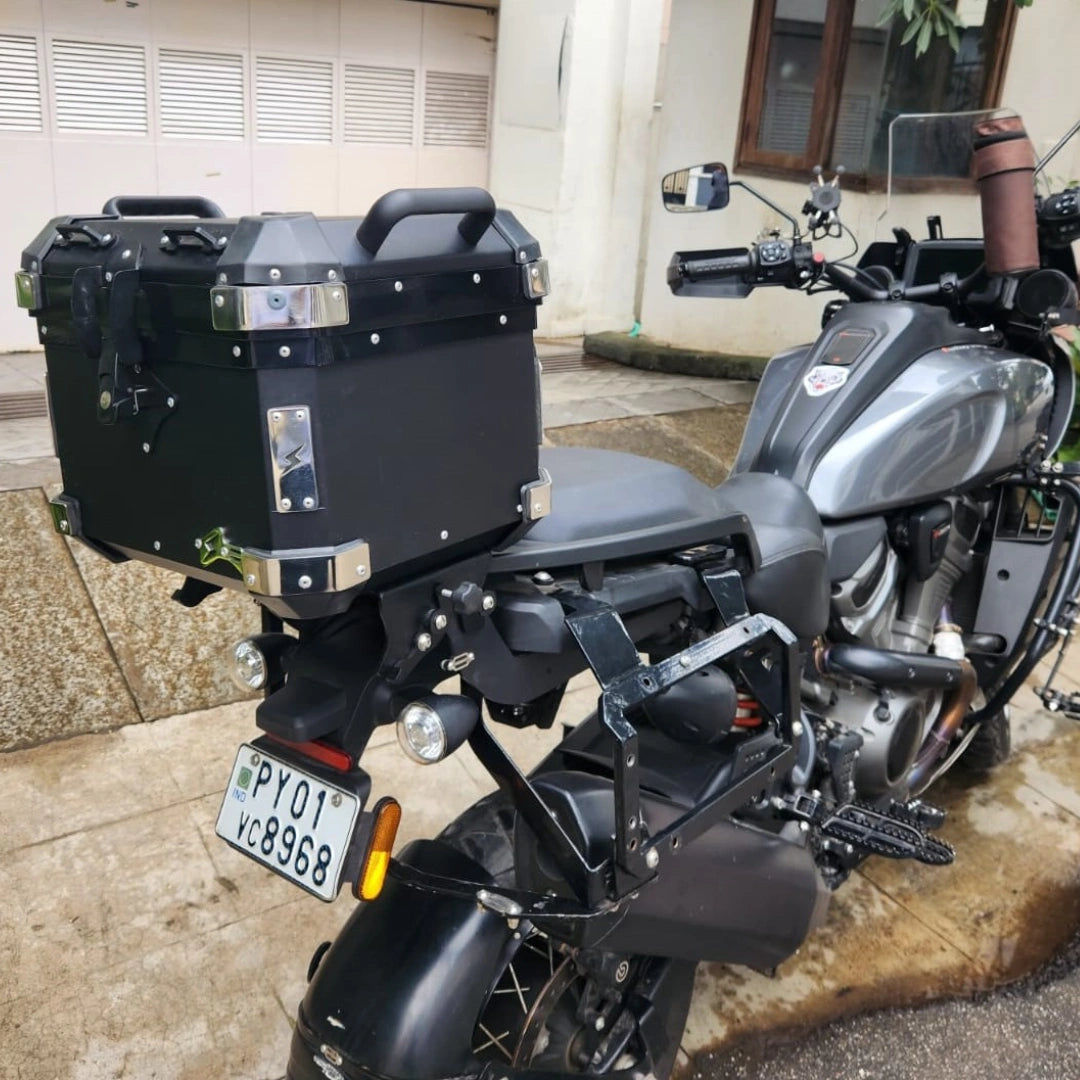AeeDEA Storm Series aluminum top box mounted on Pan America viewed from the side