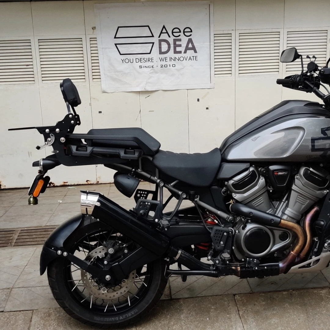 Harley Davidson Pan America with AeeDEA pillion backrest and luggage rack installed