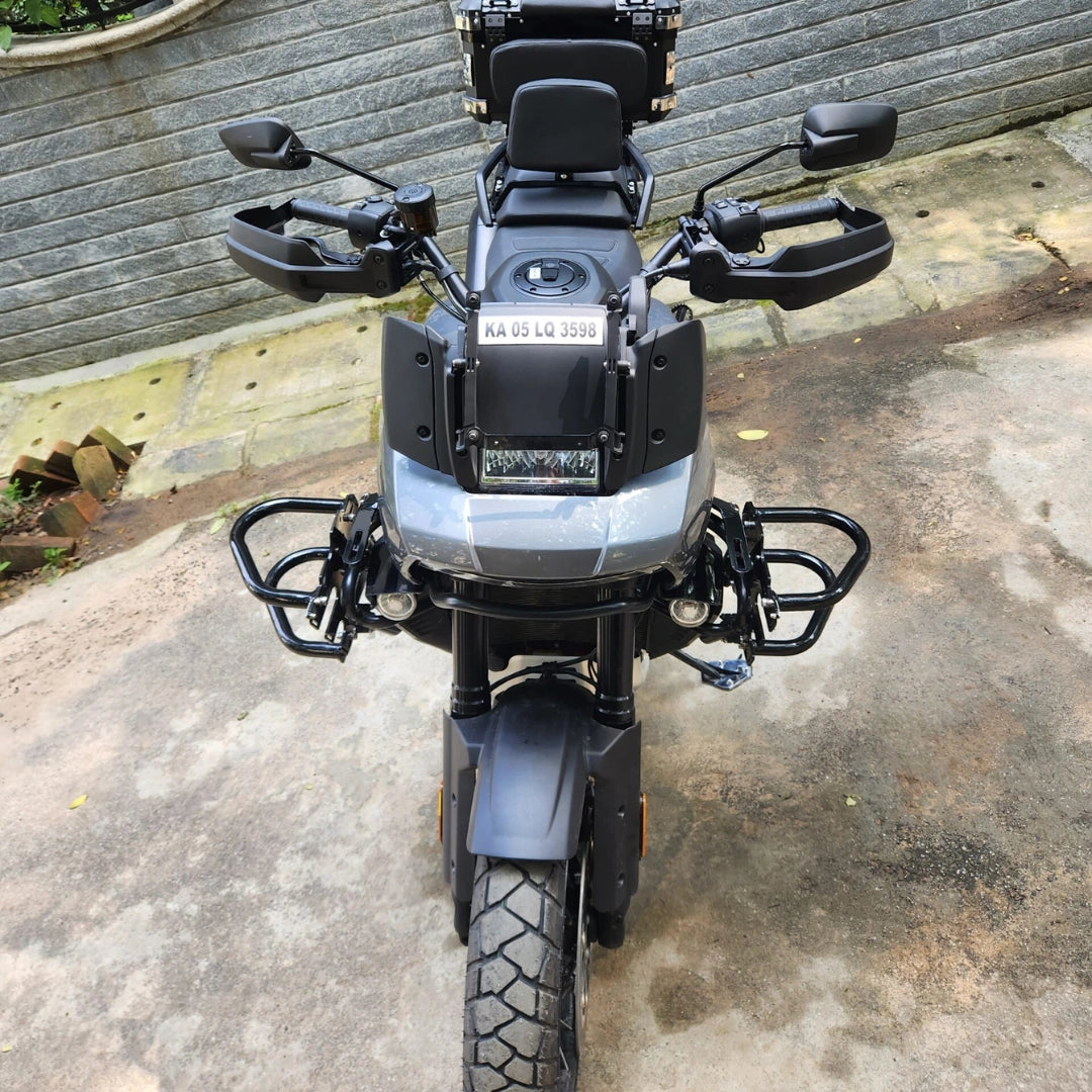Front view of AeeDEA brush guard extenders installed on Harley-Davidson Pan America