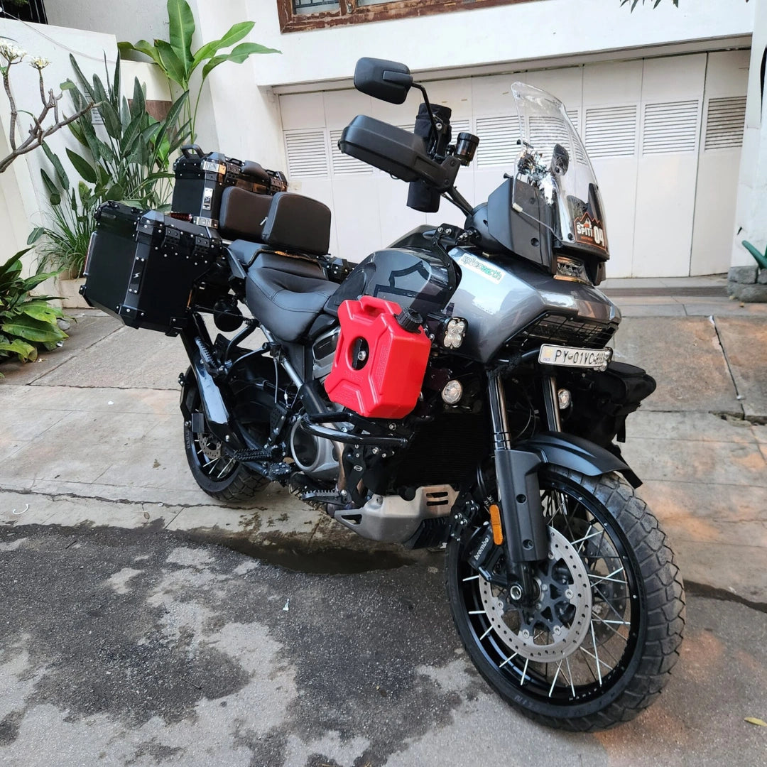 Harley-Davidson Pan America with AeeDEA brush guard extenders and jerrycan installed