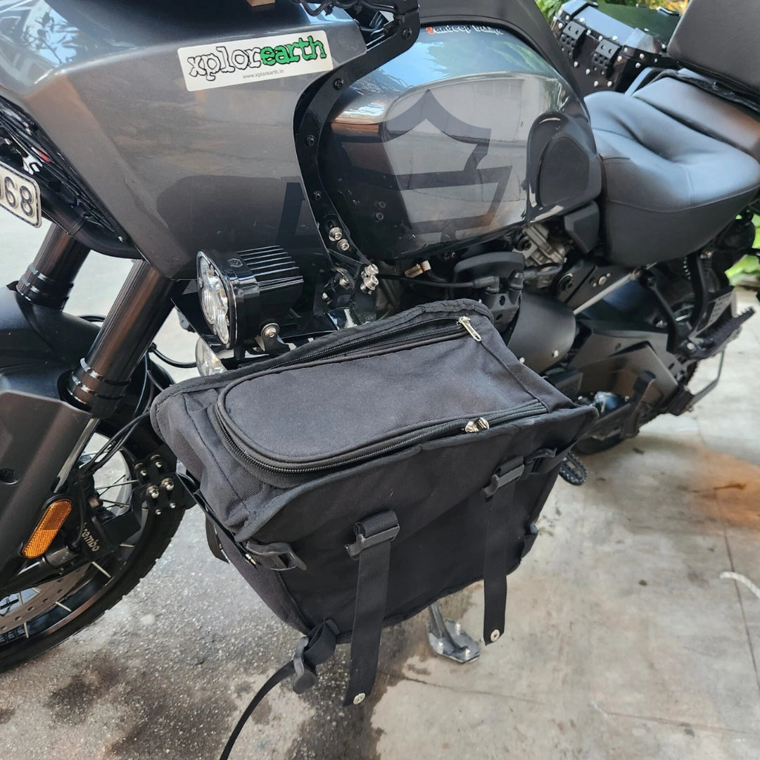 AeeDEA soft luggage bag mounted to Pan America brush guard extender