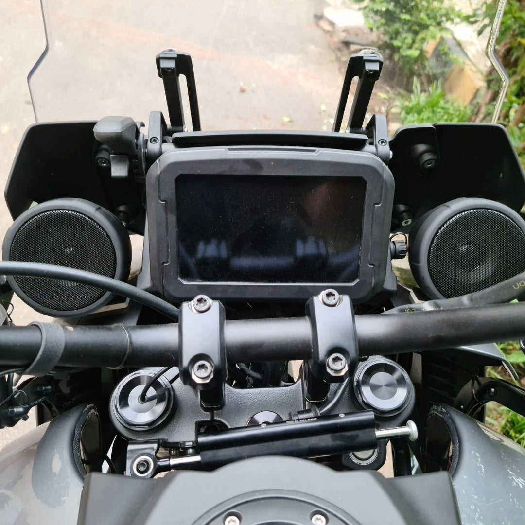 AeeDEA speaker mount installed on the engine guard of Harley-Davidson Pan America