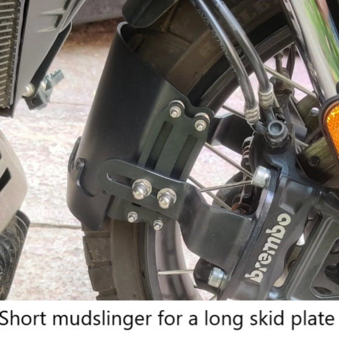 Close-up of AeeDEA front mudslinger mounting bracket on Harley Davidson Pan America