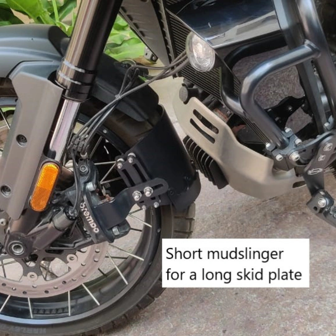 AeeDEA front mudslinger installed on Harley Davidson Pan America with a long skid plate