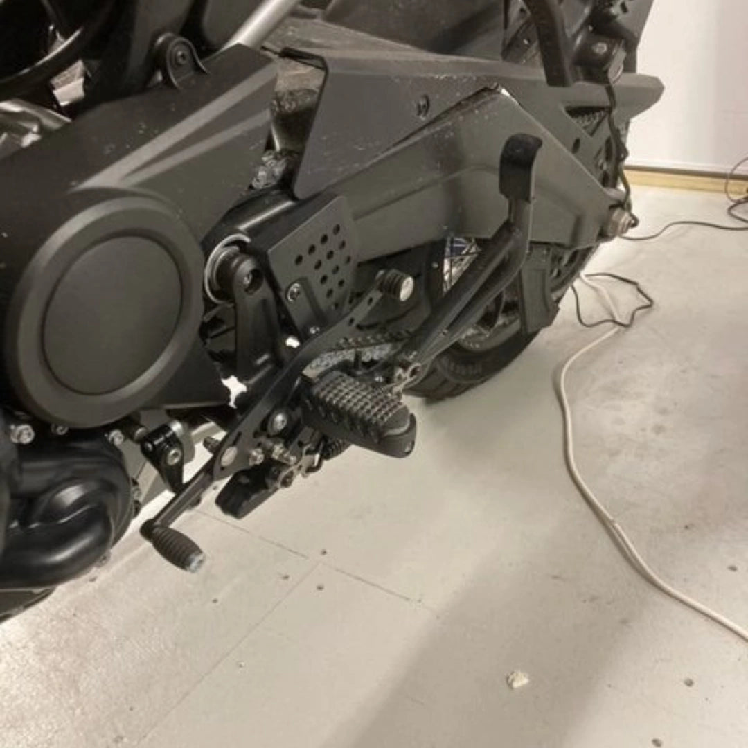 Close-up of AeeDEA heel shifter installed on Harley-Davidson Pan America