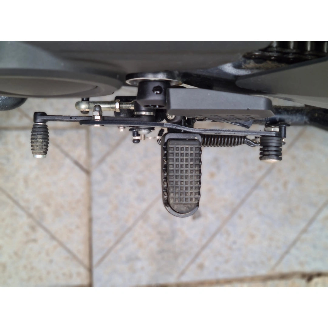 Top view of AeeDEA heel shifter installed on Harley-Davidson Pan America