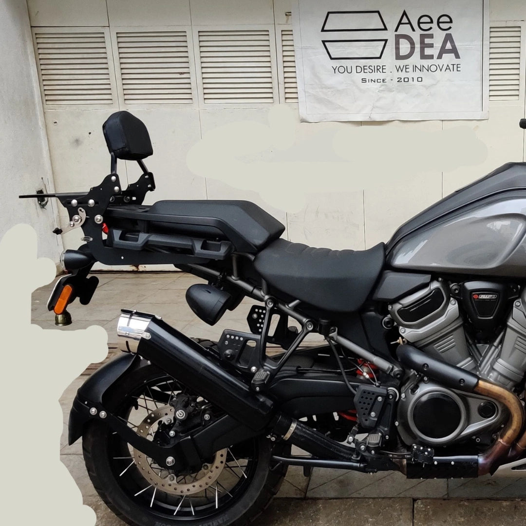 AeeDEA pillion backrest with luggage rack installed on Harley Davidson Pan America