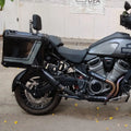 Rear view of AeeDEA pillion backrest installed on Harley-Davidson Pan America