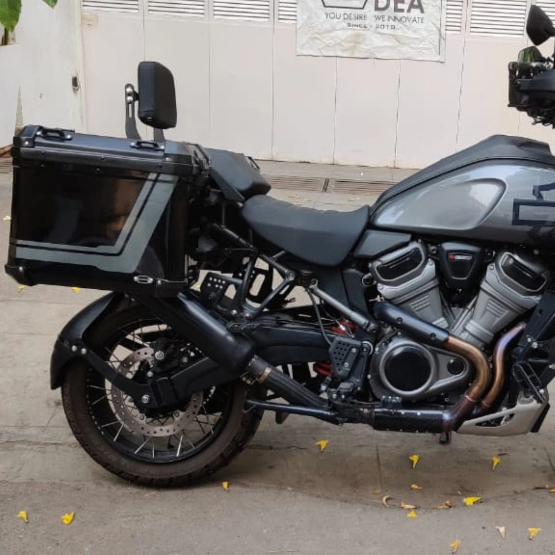 Rear view of AeeDEA pillion backrest installed on Harley-Davidson Pan America