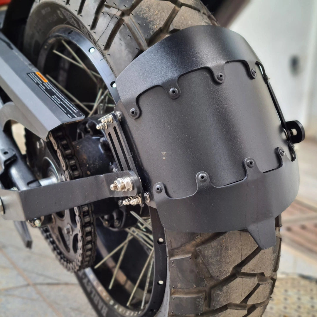AeeDEA rear mudslinger installed behind the rear wheel of Harley Davidson Pan America