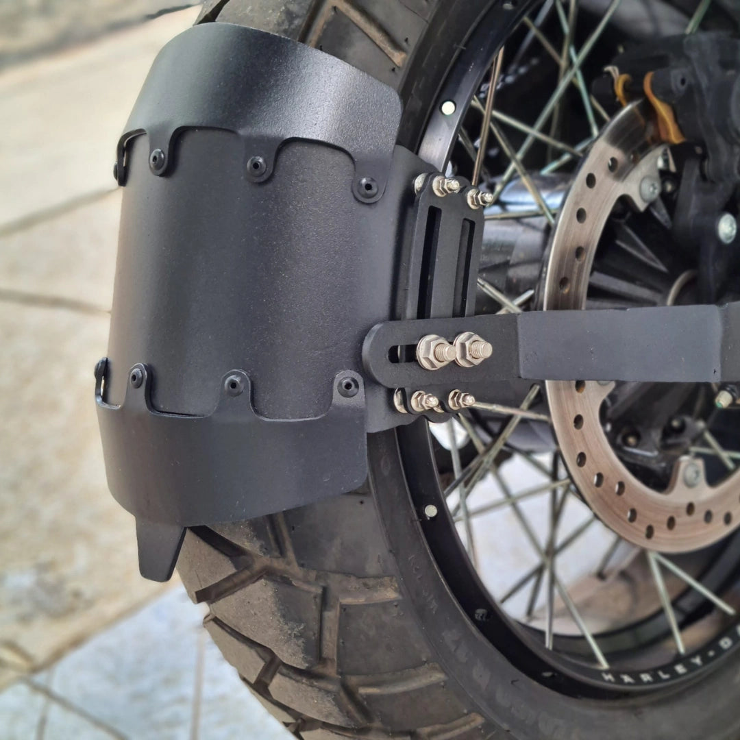 Close-up of AeeDEA rear mudslinger mounted around the rear wheel of Harley Davidson Pan America