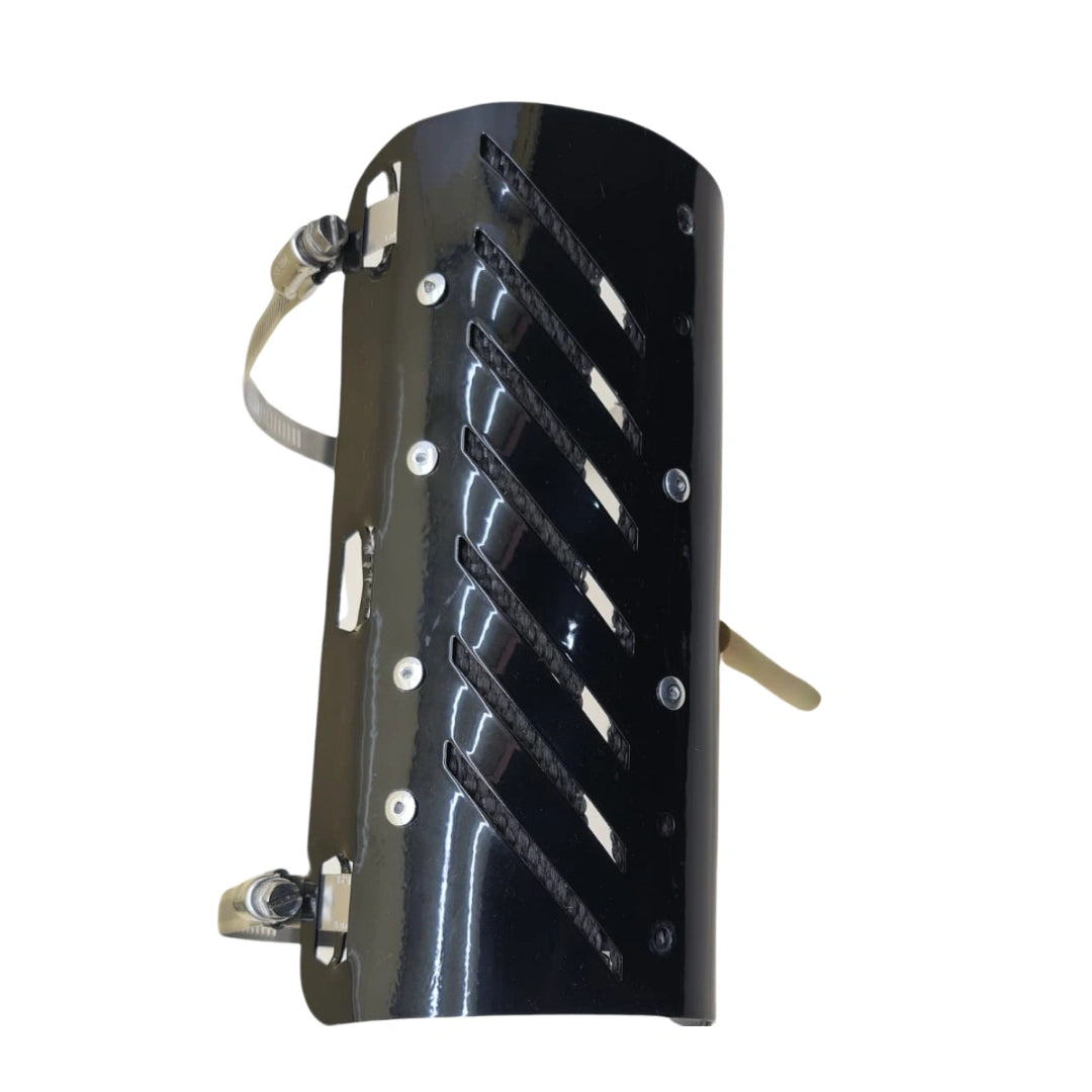 Close-up of AeeDEA SCR exhaust heat deflector and mounting clamps