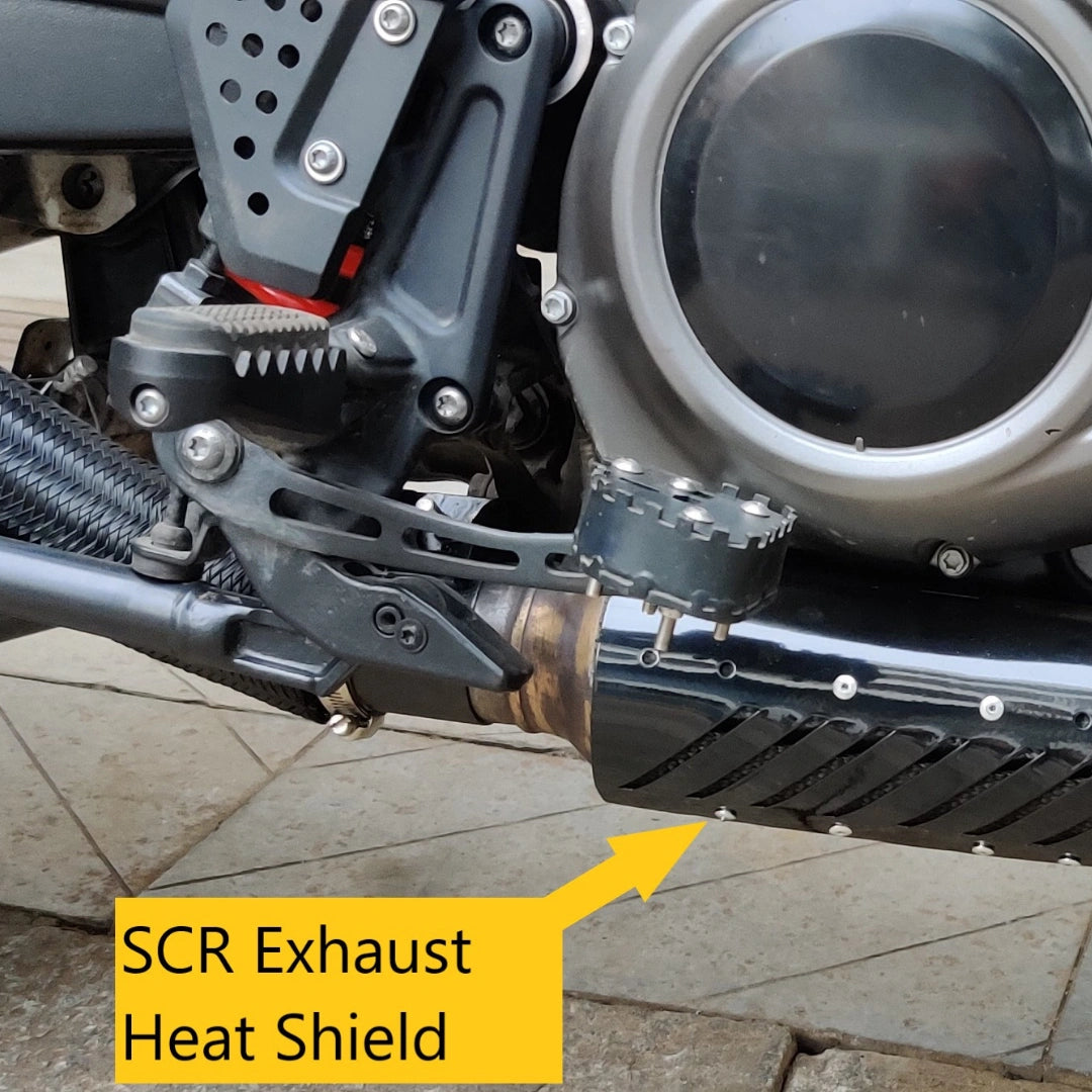 AeeDEA SCR exhaust heat deflector installed on the right-side exhaust of Harley-Davidson Pan America