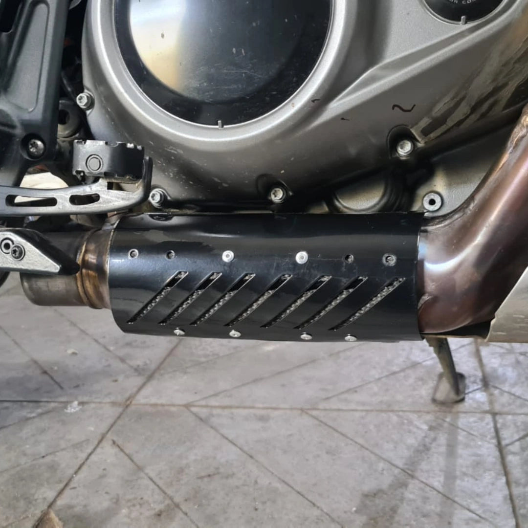 AeeDEA SCR exhaust heat deflector installed on the right side of Harley-Davidson Pan America