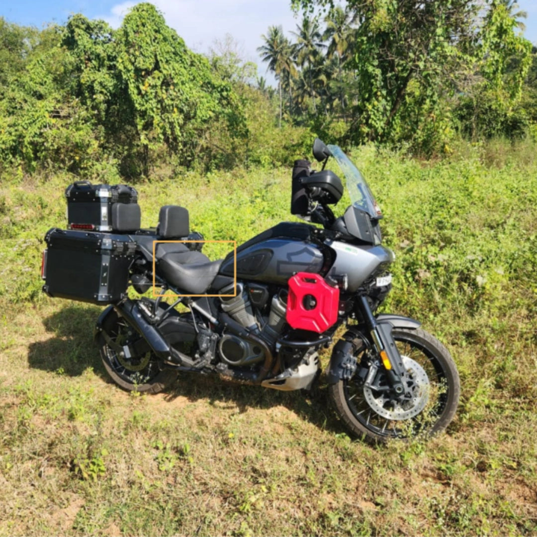 AeeDEA Long Haul Solo Rider Seat installed on Pan America with touring luggage