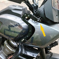 Close-up of AeeDEA speaker mount bracket installed beside the Pan America fuel tank