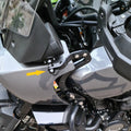 AeeDEA speaker mount connected to the engine guard on Harley-Davidson Pan America