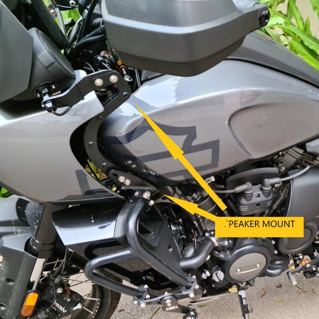 AeeDEA speaker mount installed on the engine guard of Harley-Davidson Pan America