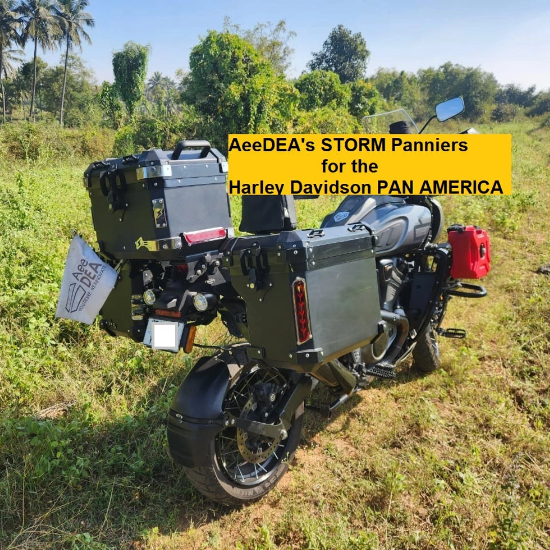 AeeDEA Storm Series panniers installed on Harley-Davidson Pan America in an outdoor setting