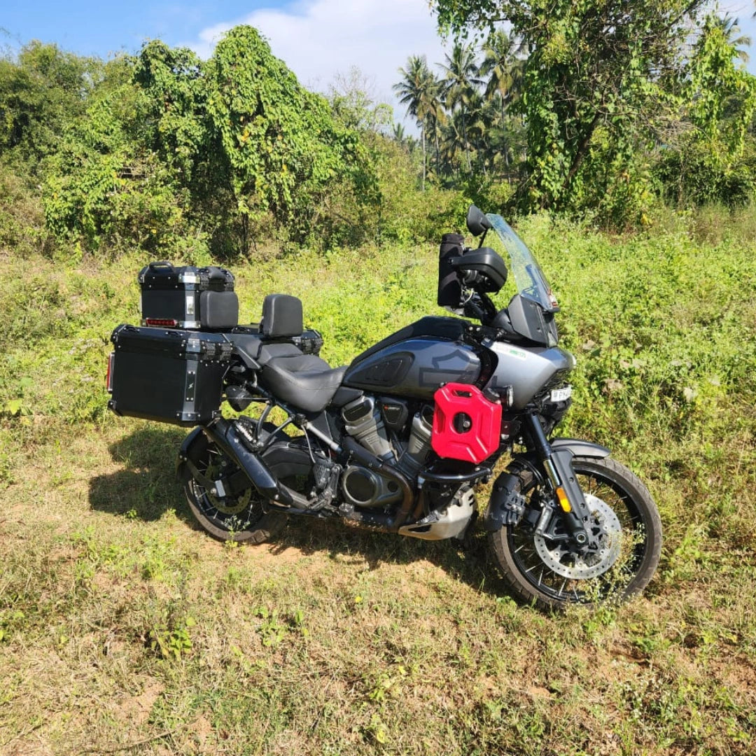 AeeDEA Storm Series panniers installed on Harley-Davidson Pan America in an outdoor setting