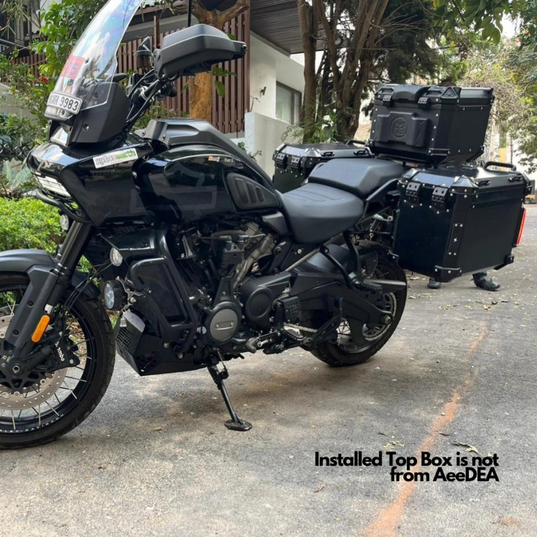 Harley-Davidson Pan America with AeeDEA Storm Series panniers viewed from the front side