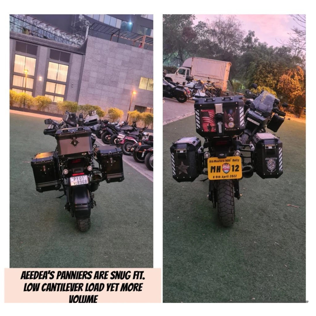 AeeDEA Storm Series panniers installed on Harley-Davidson Pan America viewed from the rear side
