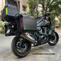 Rear view of AeeDEA Storm Series panniers installed on Harley-Davidson Pan America