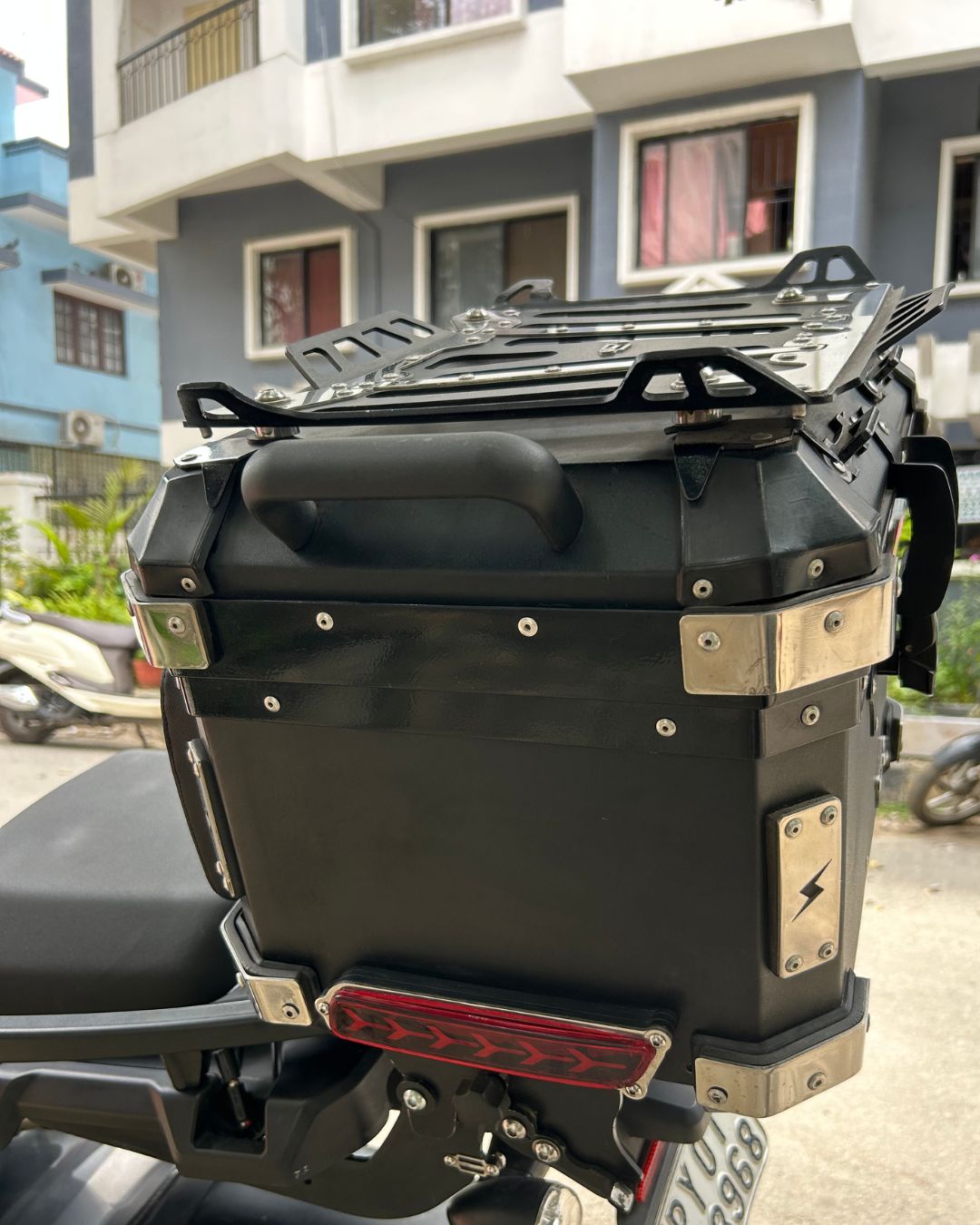 AeeDEA Storm Series aluminum top box with additional top rack and pillion backrest